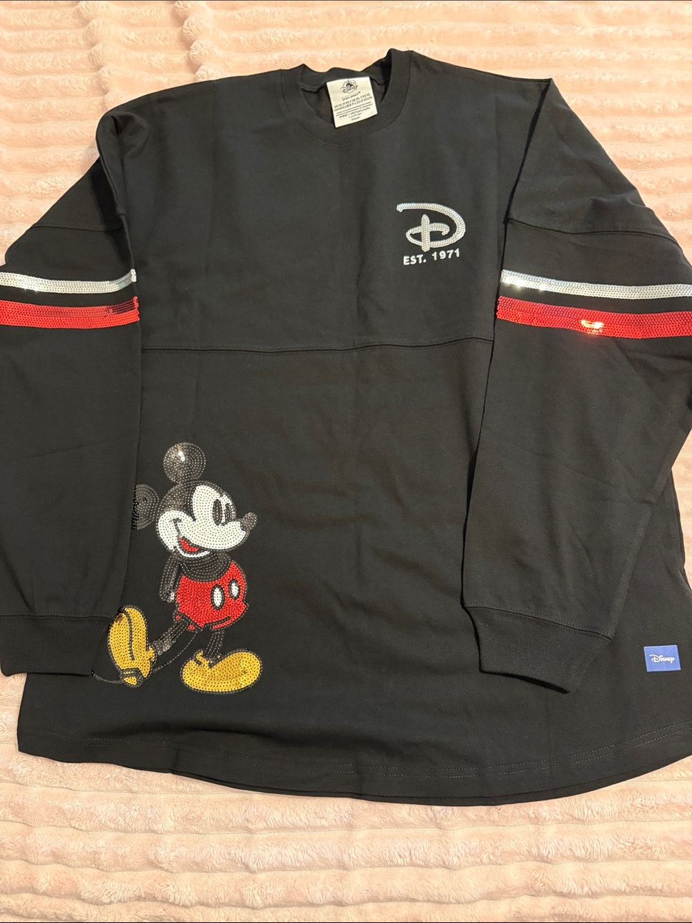 Disney Black Spirit Jersey with Red, Yellow and White Sequin Mickey Graphic